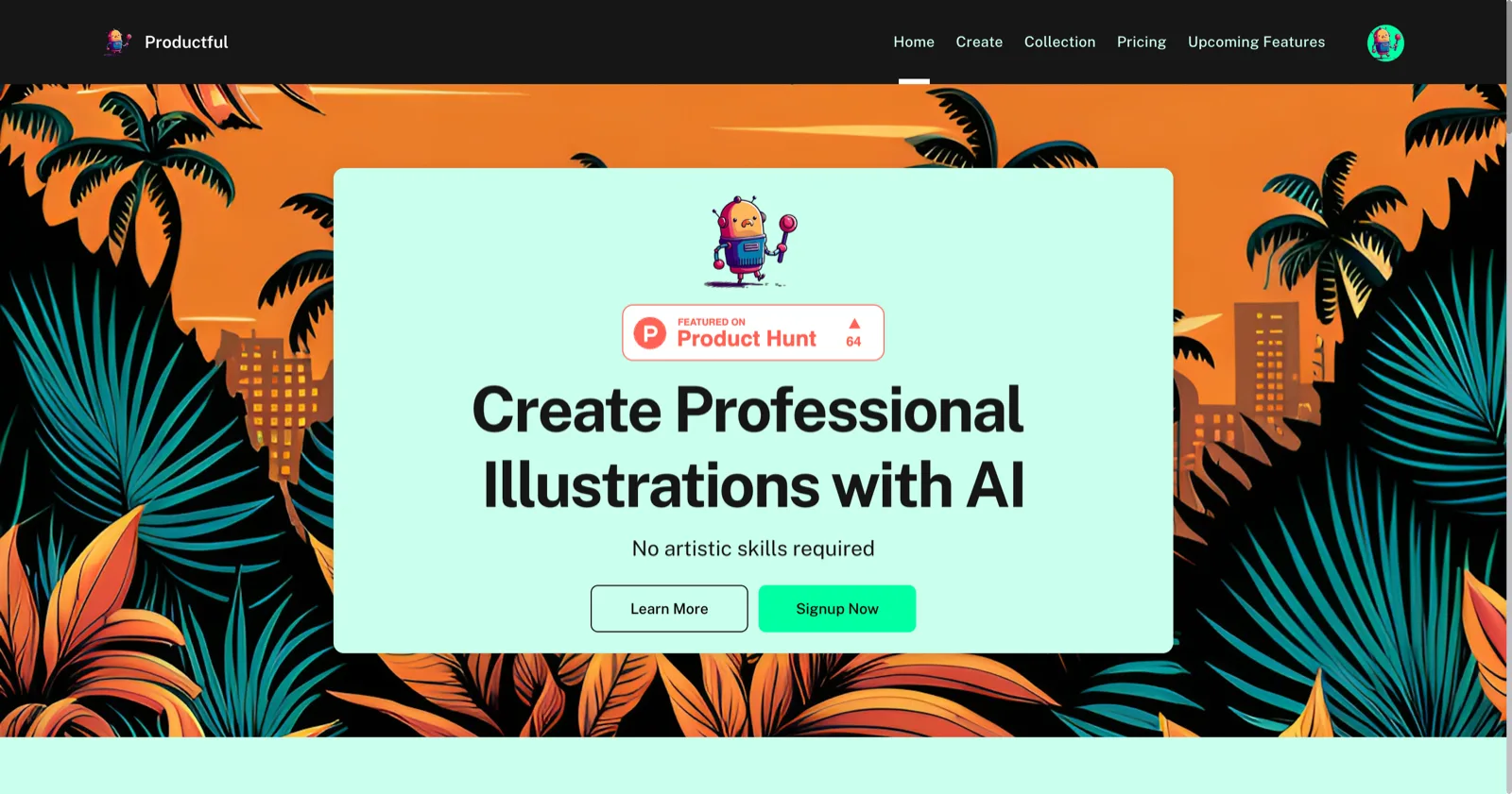 Productful's home page: a robot mascot above the headline “Create Professional Illustrations with AI”, set against orange and teal palm leaves.