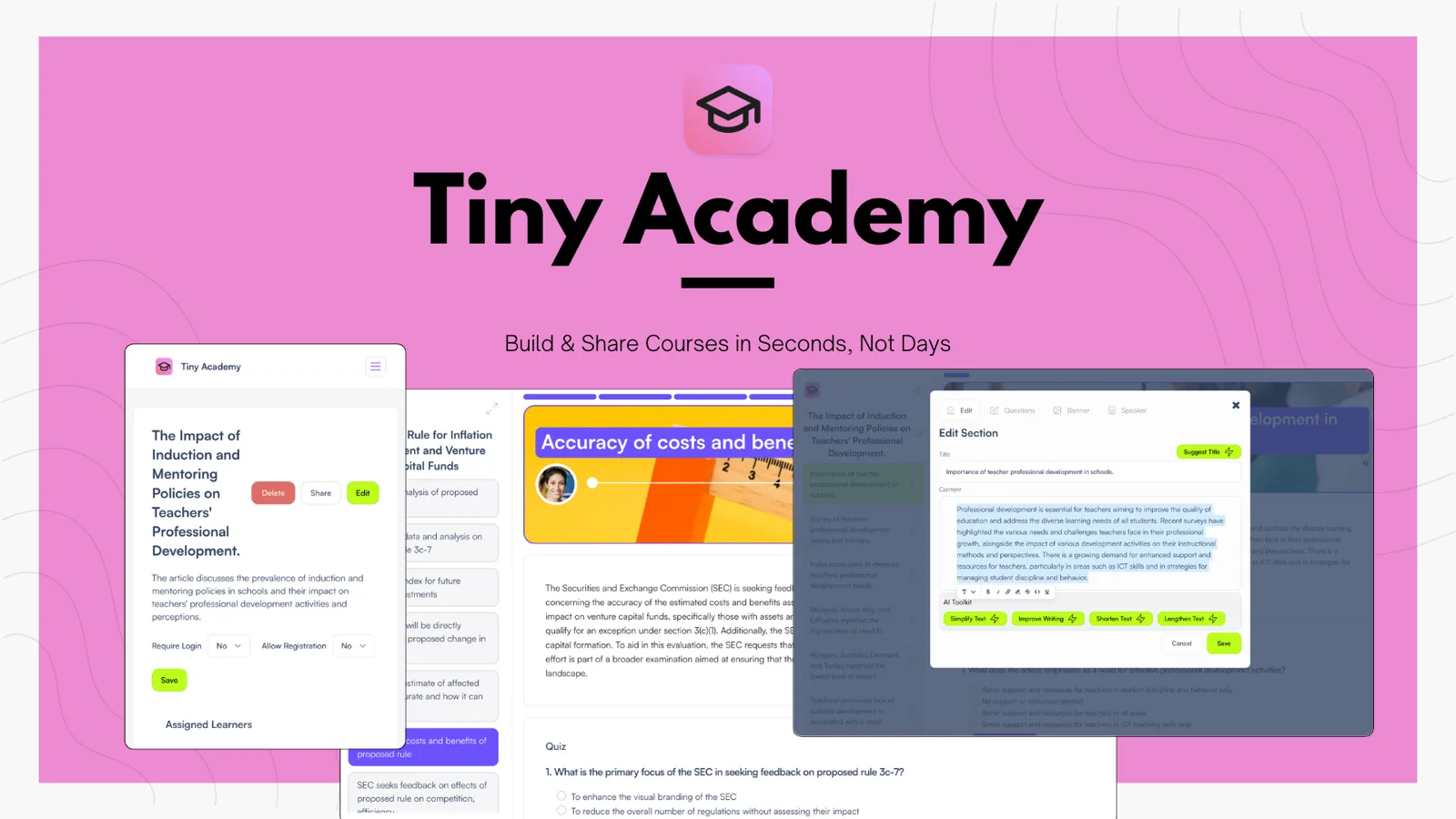 Tiny Academy's cover: the name on pink with three app screens showing a lesson, a quiz and a course editor.